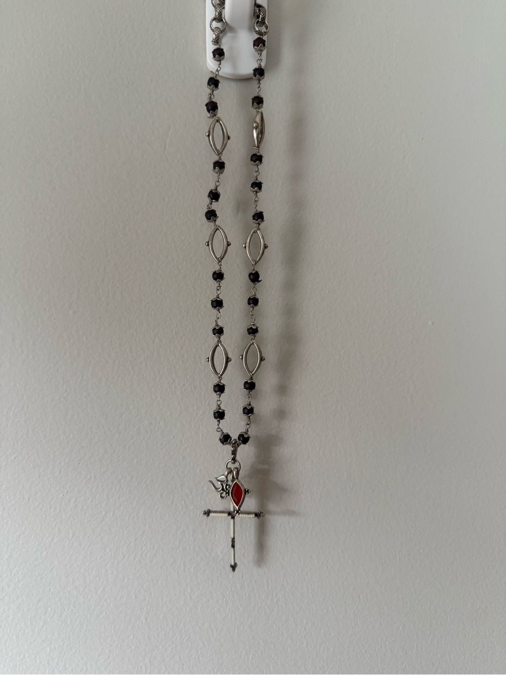 Lucky Brand Silver-Tone Black Bead Rosary Necklace with Red Accent